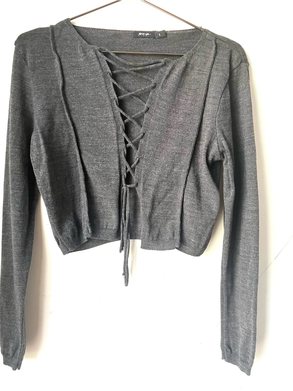 Nasty Gal Charcoal Lace-Up Knit Crop Sweater